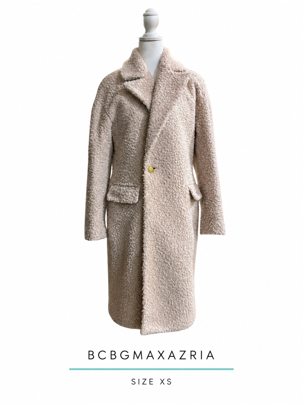 BCBGMAXAZRIA Metallic Bouclé Long Coat Gold Buttons Beige XS